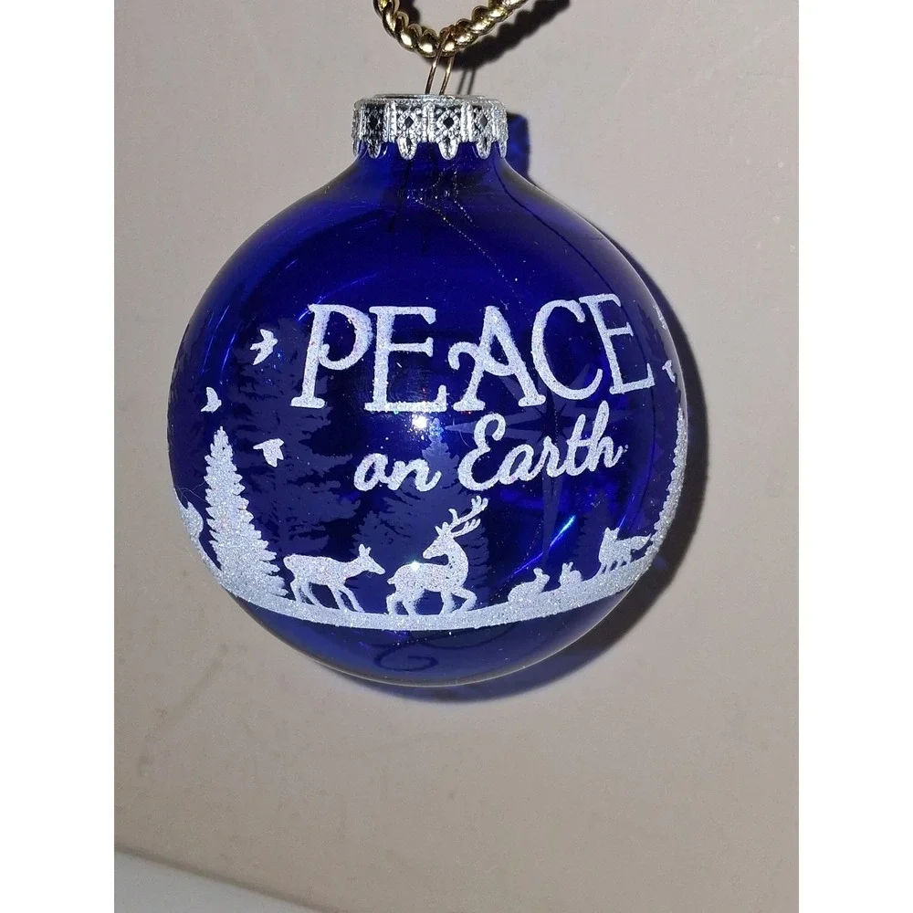 Bronner's Made in Hungary Peace on Earth Blue Glass Christmas Ornament Deer Wood